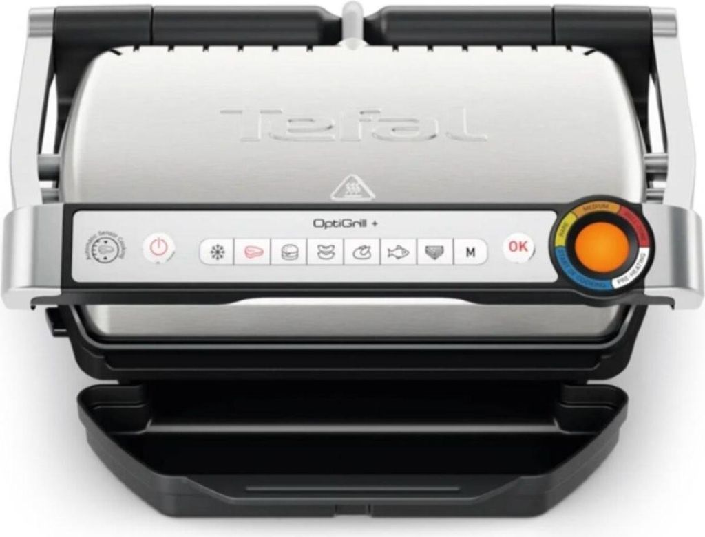 A top-down view of an open electric grill.
