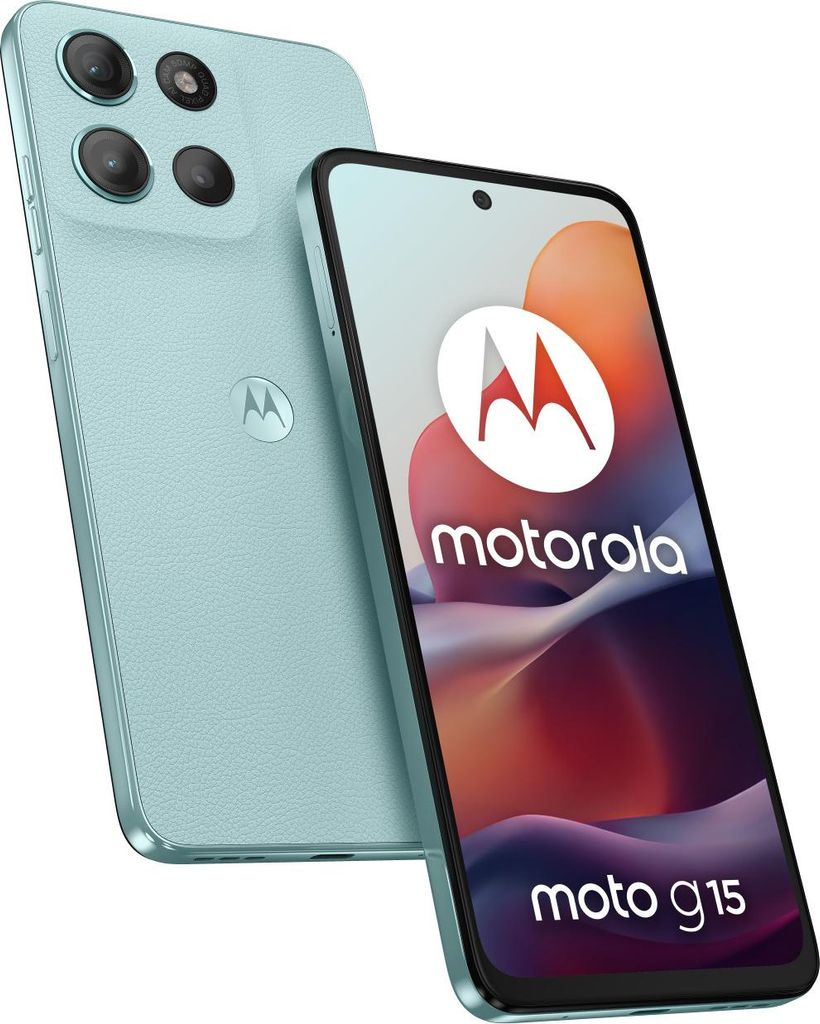 A light blue Motorola moto g15 smartphone is shown from the back and front, with the screen displaying the Motorola logo and product name.