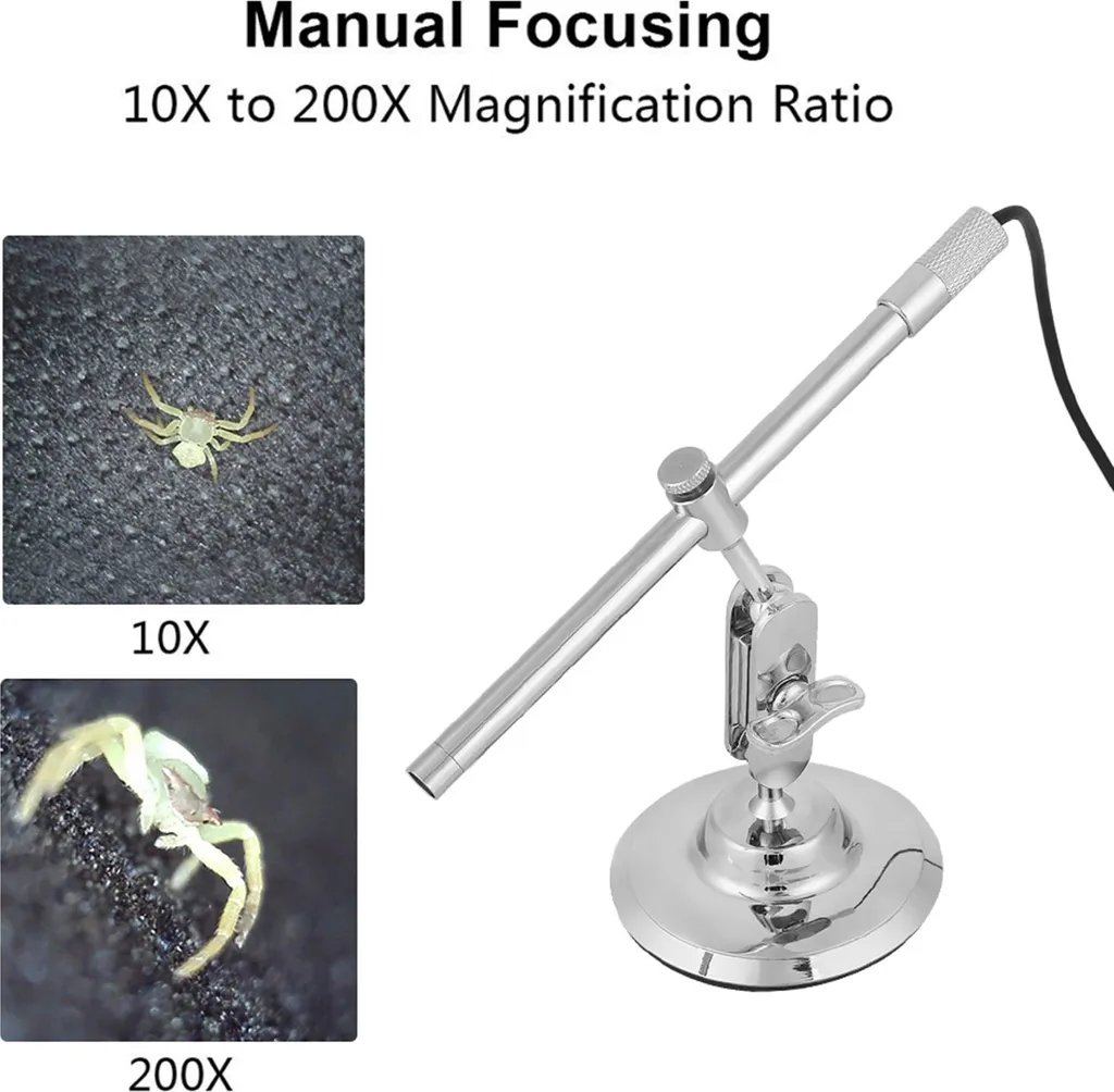 Microscope 200X Full HD 1080P à 8 LED Réglables, USB/Micro USB Noir
