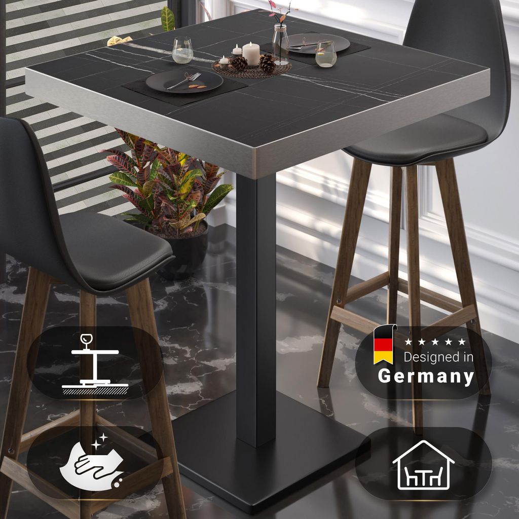 BM | Bistro Stehtisch | 80 x 80 x 110 cm | Quadratisch | Edelstahl Rand | Schwarz Marmor / Schwarz | Gastro Steh Tisch Restaurant