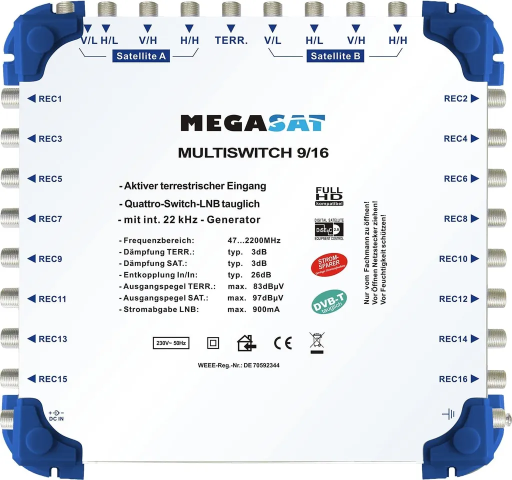 Solution Satellite 9/16 Megasat pour 16 Postes TV et 2 LNB Quattro - 2