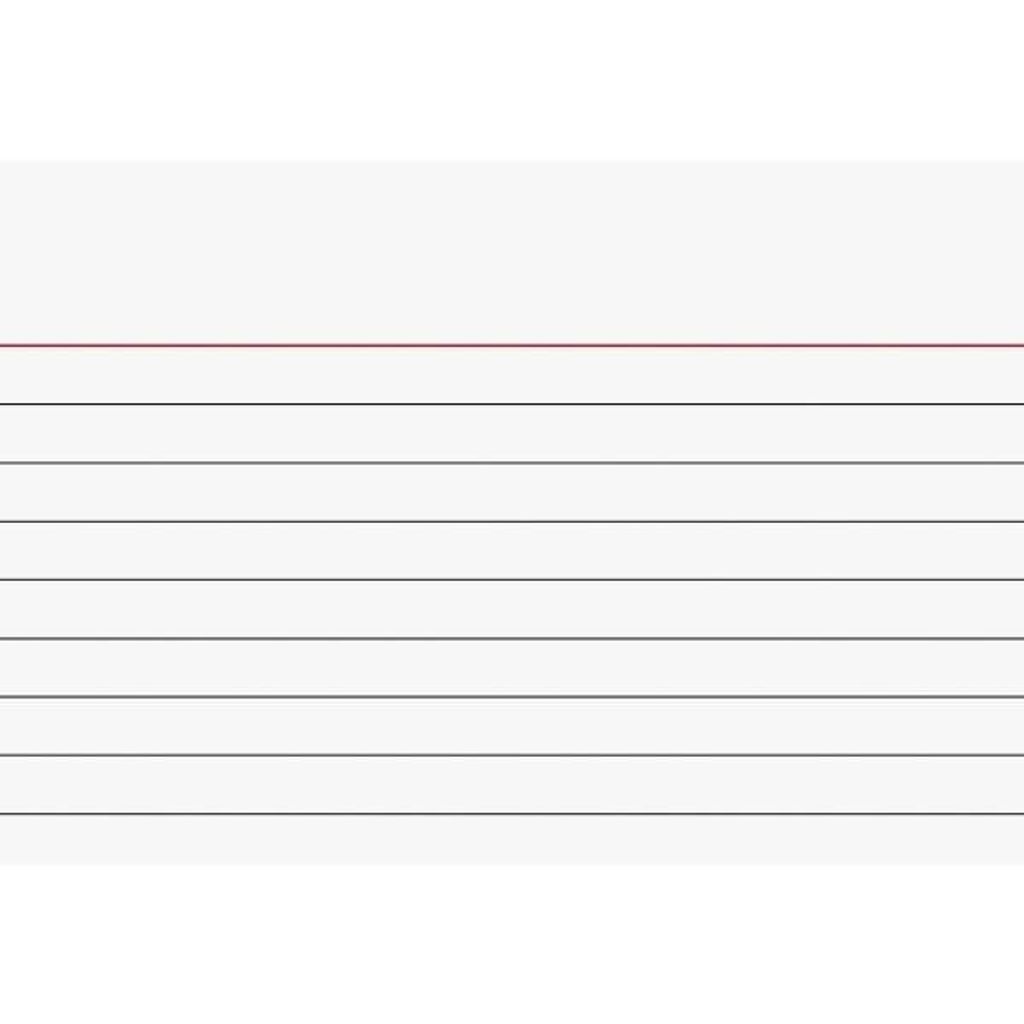 A lined index card with a red line at the top.