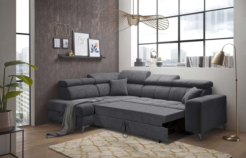 Sydney Ecksofa 282 x 128 cm, Funktion wählbar, Anthrazit, Ausführung:Links, Funktion:Schlaffunktion & Bettkasten