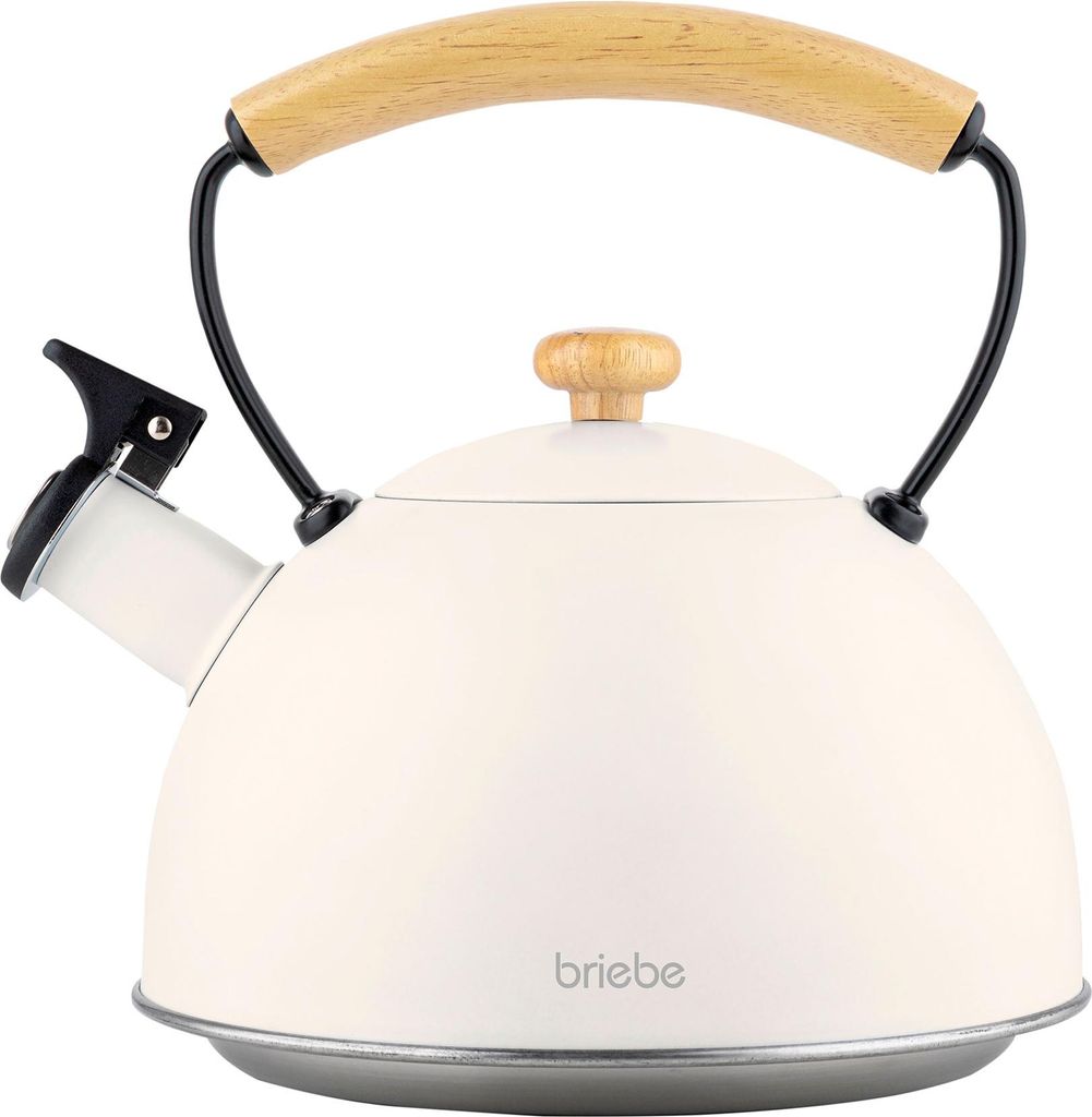 Briebe Nordic Wasserkessel Induktion Flötenkessel 2,3L Edelstahl, Holzgriff Weiß