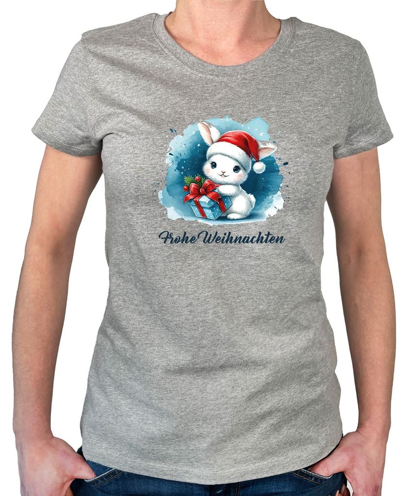 Huuraa Damen T-Shirt Süßer Hase Frohe Weihnachten M Sport Grey Bio Baumwolle Fairtrade Damenshirt Geschenkidee