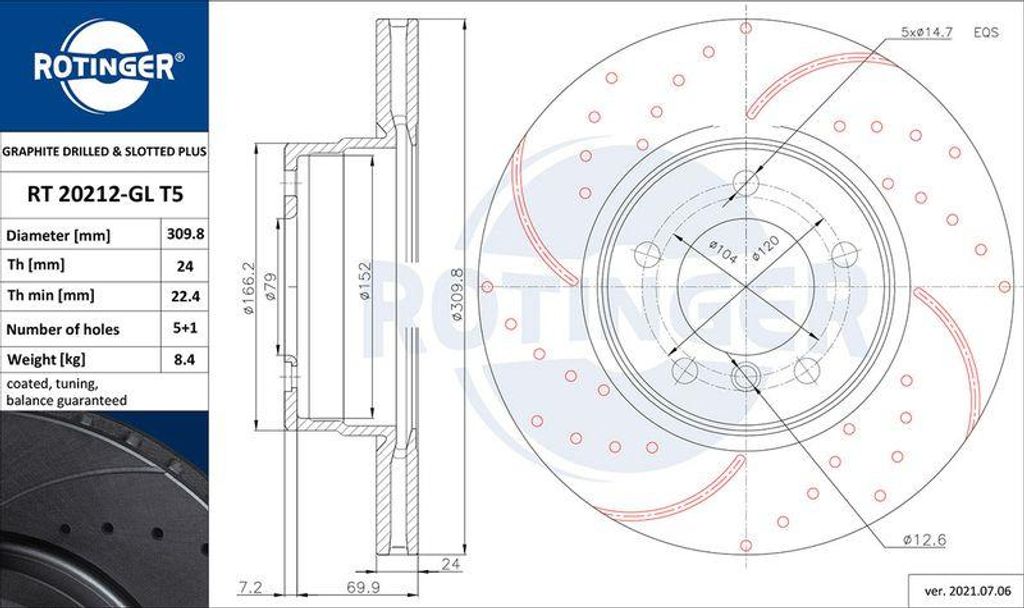 ROTINGER RT 20212-GL T5 Bremsscheibe OE 34116764021 kompatibel mit 5er E61, 5er E60