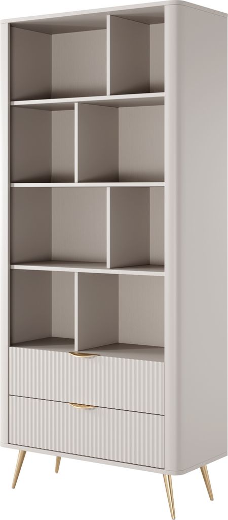BETTSO Bücherregal Regal mit 2 Schubladen Geriffelt Fronten goldene Beine goldene Griffe Standregal LANTE Beige