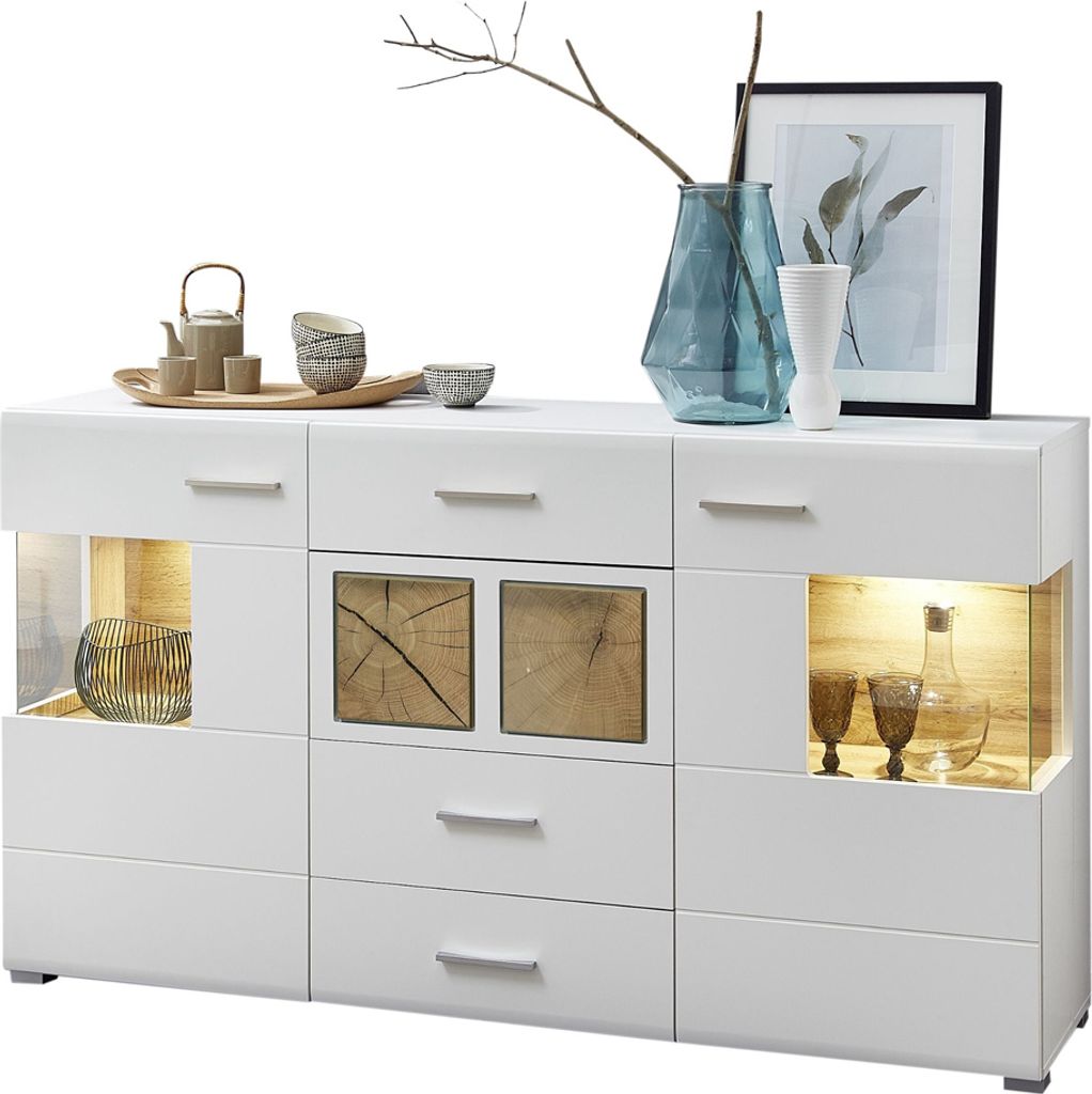 Sideboard weiß Eiche Applikationen FARO-36 mit LED Beleuchtung und Glaseinsätzen, B/H/T: ca, 170/94/42 cm