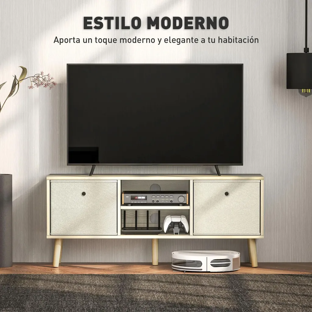 Armoire TV Blanche 2 Tiroirs Tissu - Meuble Multimédia 110 cm Chic