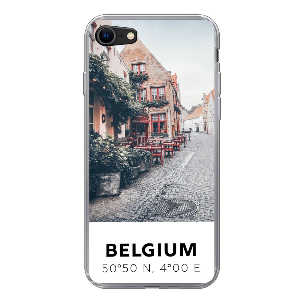 MuchoWow Handyhülle Schutzhülle Hülle für iPhone SE 2020 Belgien - Café - Terrasse - Rot Silikon Softcase Handy Hülle - Kartenbesitzer