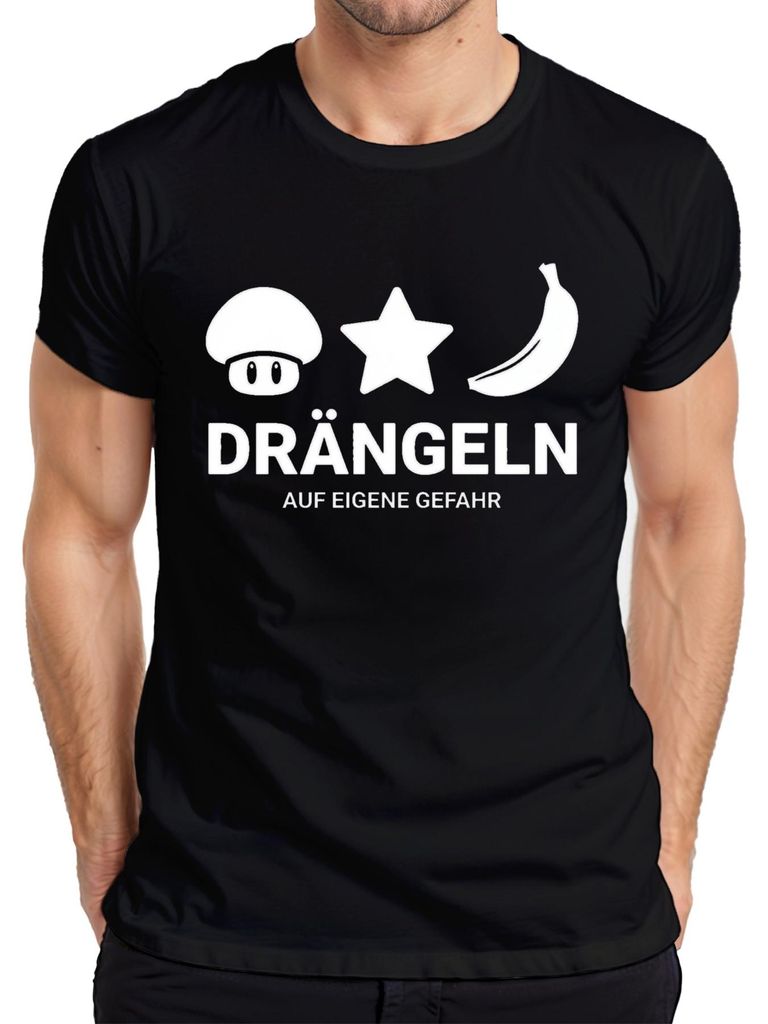 Drängeln auf eigene Gefahr Gamer Pilz Stern Banane Geschenk Herren T-Shirt, Schwarz, S