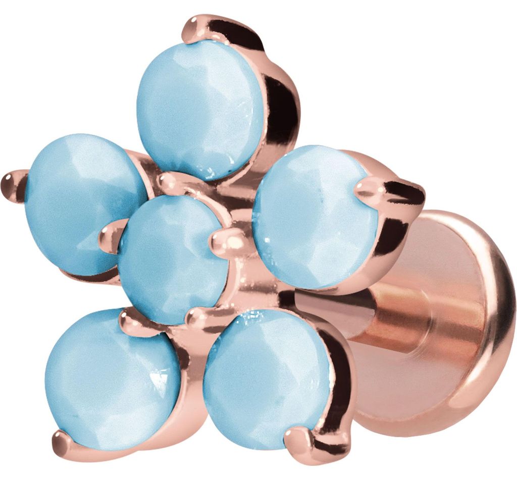 Ohrpiercing, Nasenpiercing Titan Labret mit Push Fit BLUME + SYNTHETISCHE TÜRKISE RoséGold Stablänge: 7mm | Stabstärke: 1mm
