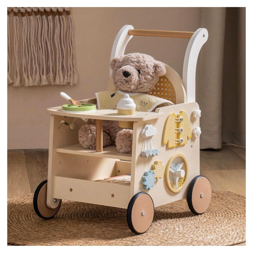 Holz-Babywalker als Spielzeug-Kinderwagen mit und Stauraum unter dem Sitz, pädagogische Schiebe- und Ziehhilfe, sicher für die ersten Schritte, g...
