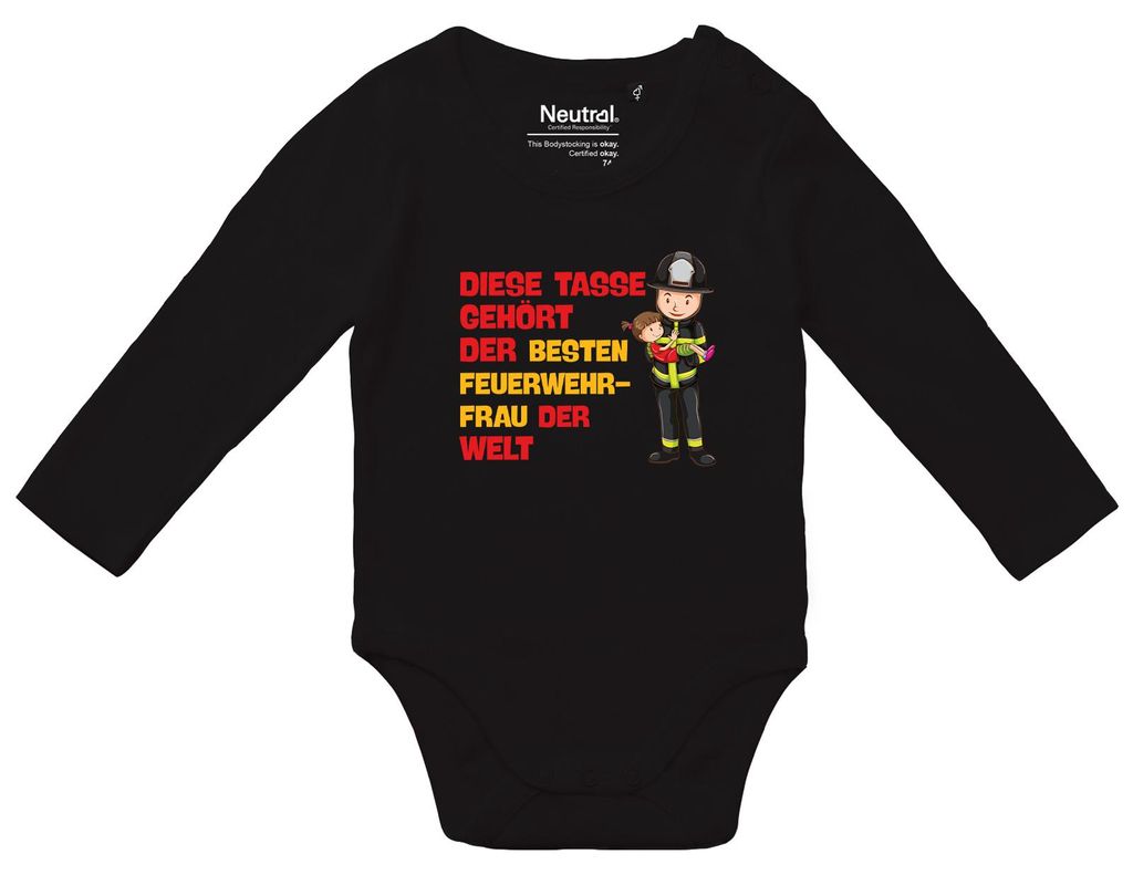 Huuraa Baby Body Tasse gehört der besten Feuerwehrfrau der Welt 68 Black Baumwolle Fairtrade Langarmbody Geschenkidee