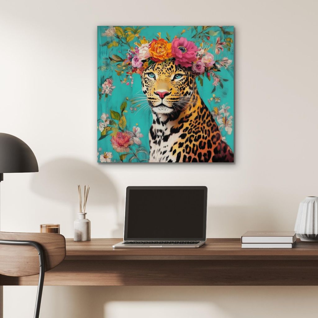 MuchoWow Wanddekoration Metall Metallbild Wandkunst 50x50 cm Leopard - Blumen - Krone MuchoWow Aluminium Gemälde - Alubild - Industrial