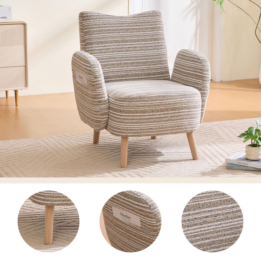 Moderner Sessel, Stoff mit Kreismuster, mit seitlicher Tasche, Beine aus Massivholz, bequemer Lesesessel, Wohnzimmer, Schlafzimmer, Büro