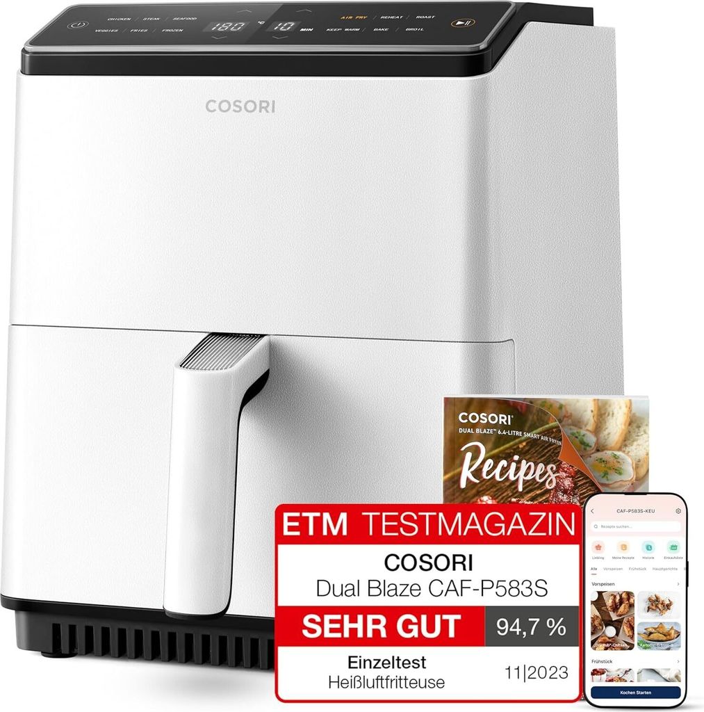 Heißluftfritteuse XXL, Dual Blaze, 6,4 L(1.8kg) Wifi verbunden, Airfryer mit 12 Multifunktionen, 90+ Online Rezept & Rezeptbuch, Full Touch Screen