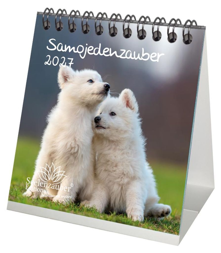 Samojedenzauber Tischkalender 10x10cm für 2027 Welpen und Hunde - Seelenzauber