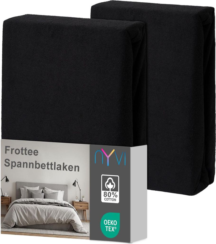 NYVI Spannbettlaken DreamScience Frottee 140x200 - 160x200 cm schwarz 2er Set für Matratzen bis 22 cm Höhe - Warm und Kuschelig, hohe Feuchtigkei...