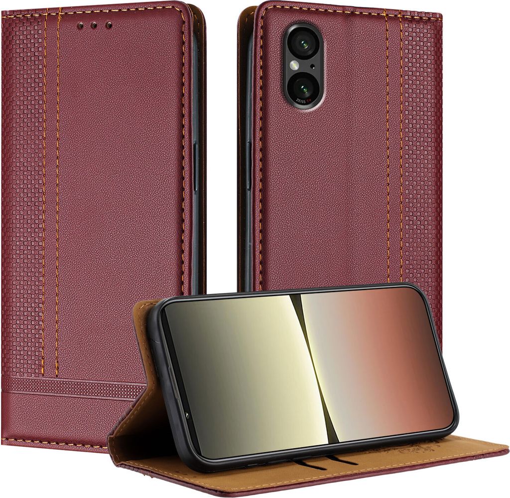 Handyhülle für Sony Xperia 5 V Leder Flip Klappbare Schutzhülle mit Standfunktion Dunkelrot