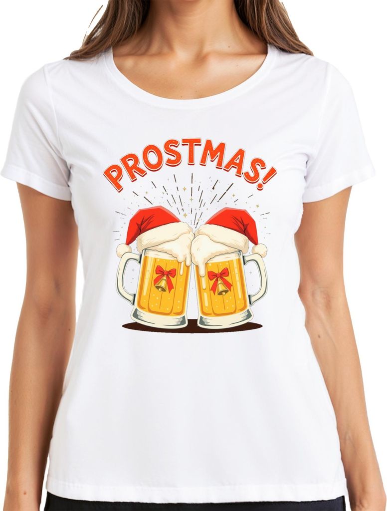 PROSTMAS! Bierkrug Weihnachten Santa Hut Geschenk lustig Damen T-Shirt, Weiß, L