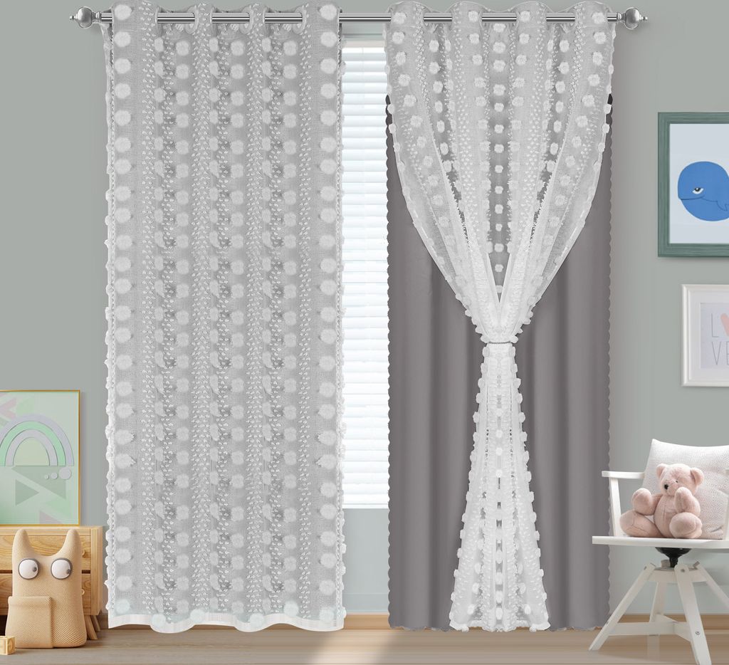 2 Stück Fertiggardinen 132x213cm Kindervorhang Ösen Gardinen mit PomPom Doppelschichtige Kinderzimmer Vorhänge,Baby Gardinen Doppelschichtig...