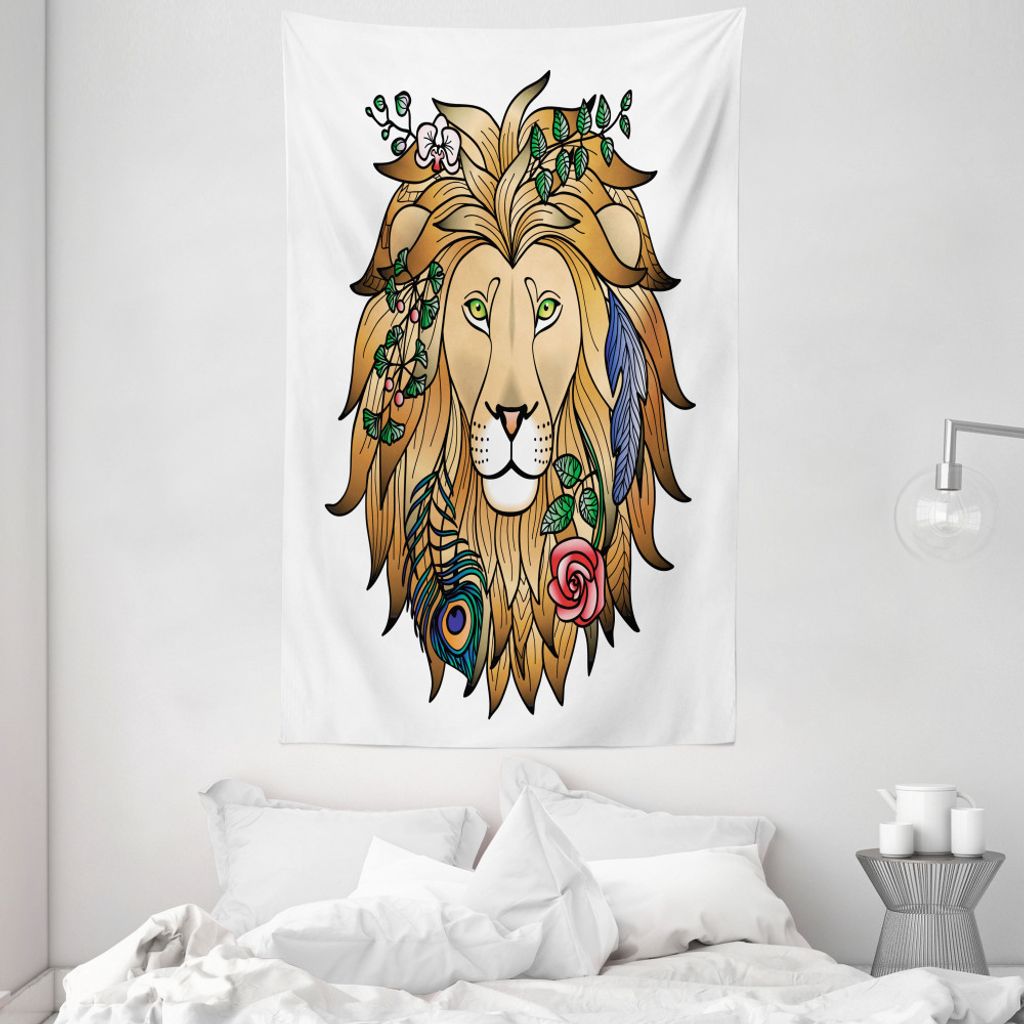 ABAKUHAUS Tierdruck Wandteppich und Tagesdecke, Löwe mit Blume aus Weiches Mikrofaser Stoff Waschbar ohne Verblassen Digitaldruck, 140 x 230 cm, B...