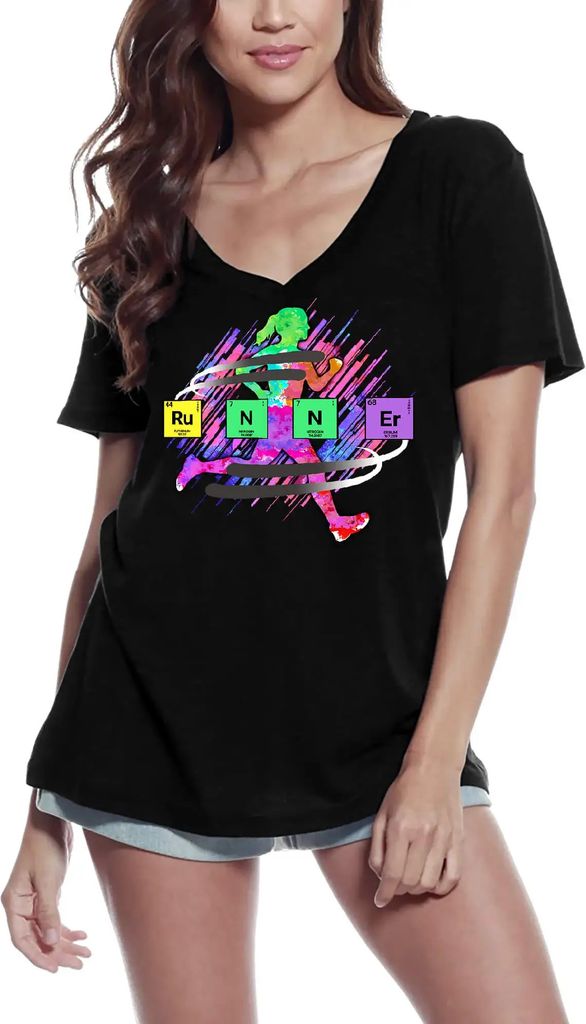 Damen Grafik T-Shirt V-Ausschnitt Chemie-Läufer Periodensystem - Laufen – Chemistry Runner Periodic Table - Running – Öko-Verantwortlich Vintage