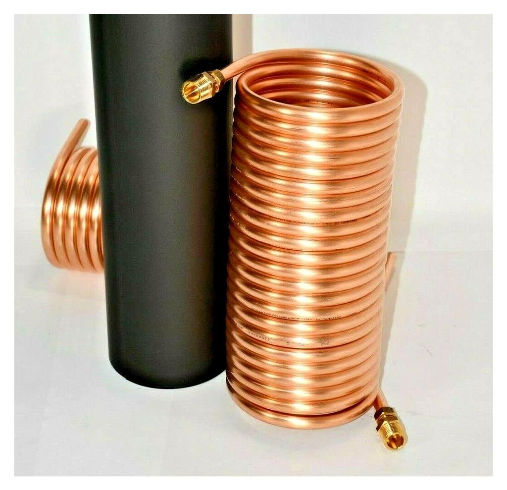 Spirale aus 10 Meter Kupferrohr 12x1mm für 120mm mit Innendurchmesser ca. 124mm und 1/2" Anschlüssen aus Messing