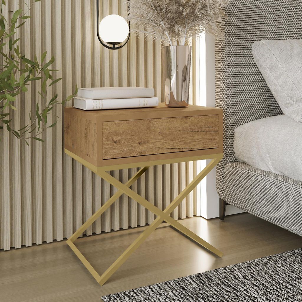AX LIVING Nachttisch modern Aleio X 45cm Eiche Wotan, goldenes Gestell