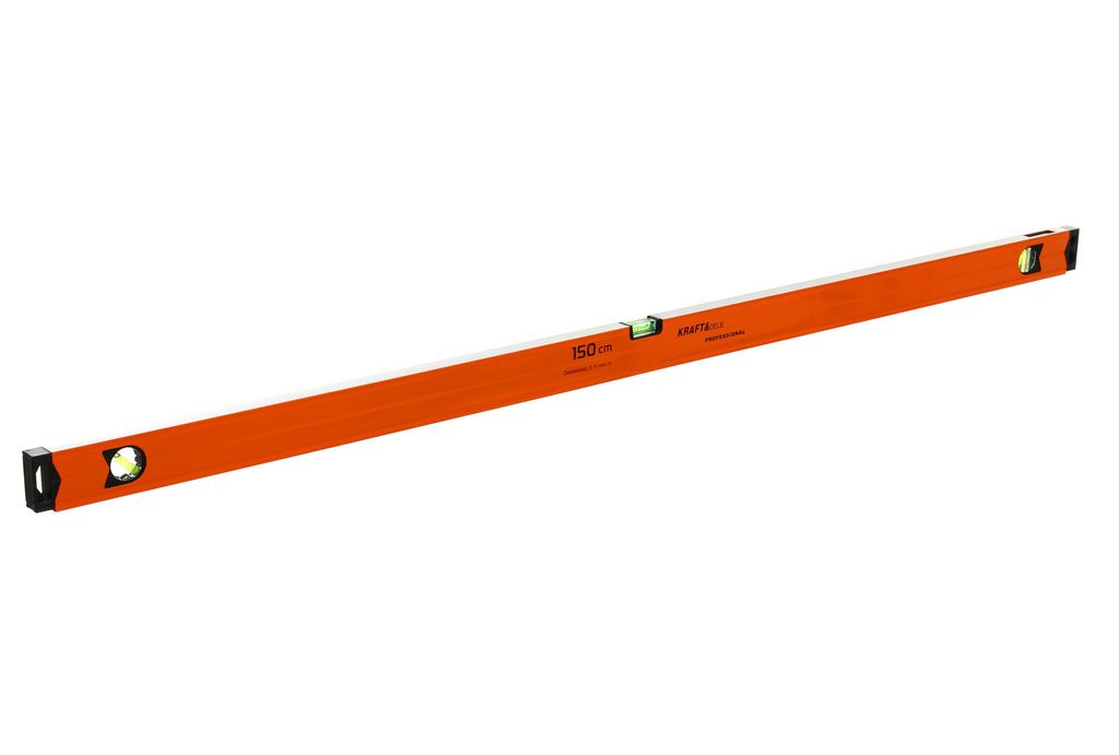 An orange aluminum spirit level on a white background.