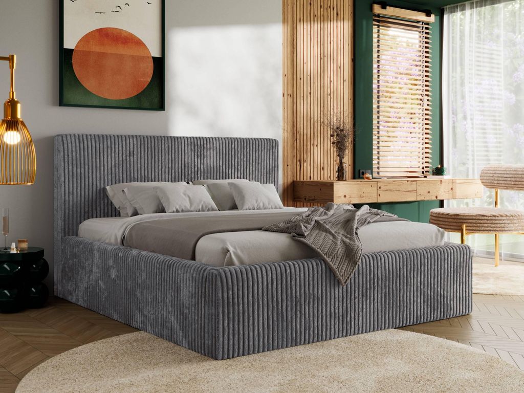 MKS MEBLE Polsterbett mit Bettkasten TILIANO CLASSIC Doppelbett mit Kopfteil 160x200 Lattenrost Gasfeder Foam Matratze MIRO LUX Grau Cord