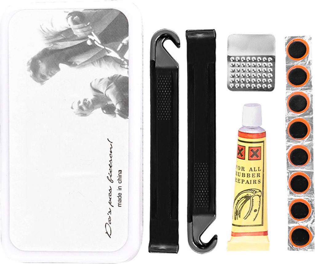 1 Set Fahrradreifen-Reparaturset mit Kleber, rundem Flicken, Reifenheber, Metallfeile, Werkzeug zur Reparatur von Reifenpannen im Straßen- und Mou...