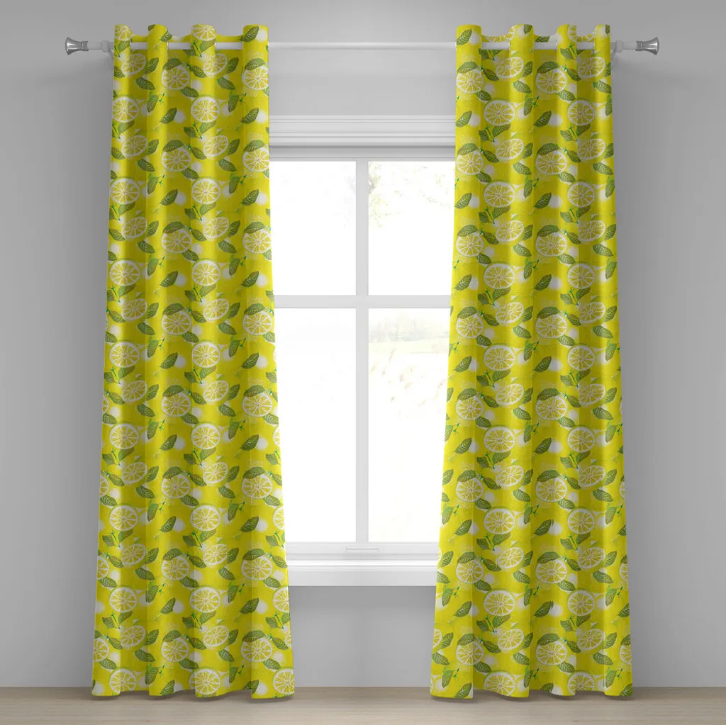 ABAKUHAUS Tenda con occhielli primaverile, fette di limone fresco su sfondo a foglie, motivo vitaminico agrumato, tende decorative a 2 pannelli, 280 cm x 245 cm, verde felce giallo