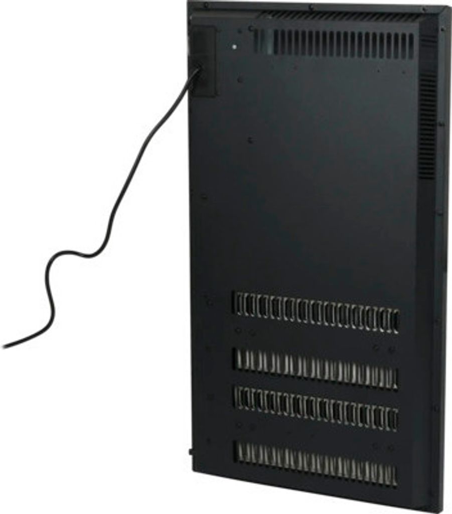 The back of a black electric heater is shown against a white background.
