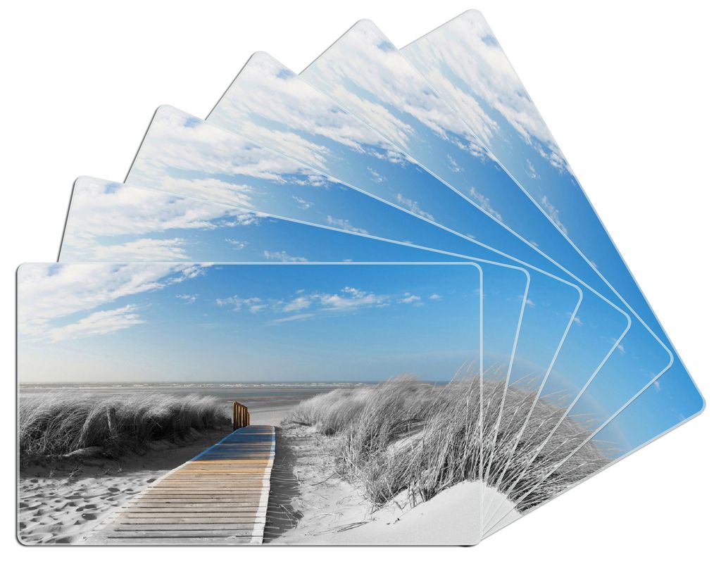 Wallario Frühstücksbrettchen 6er Set aus Glas, je 14 x 23 cm, mit rutschfesten Füßen, Motiv Auf dem Holzweg zum Strand in schwarz-weiß Optik