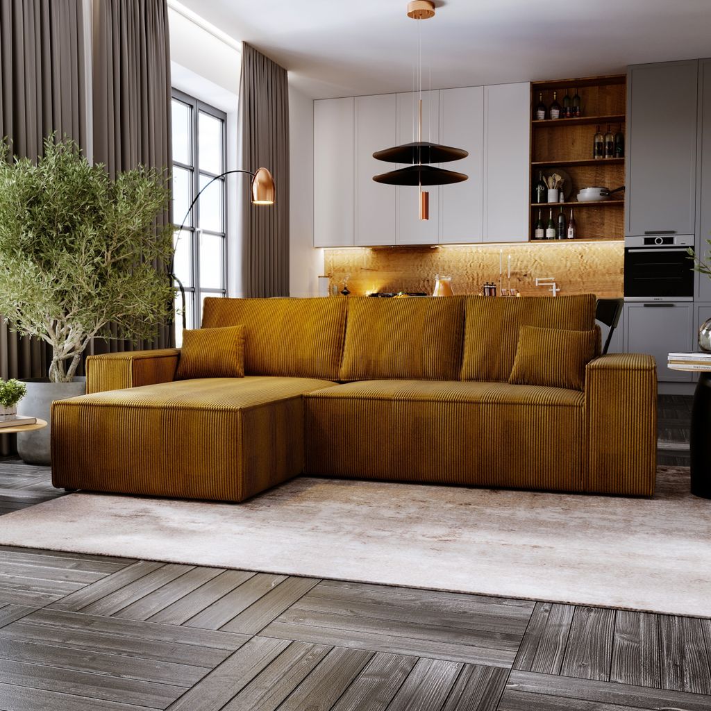 Ecksofa MOSEN L-form 279x181 cm mit Bettkasten und Schlaffunktion, linke Seite - Poso 01 / Senffarbe