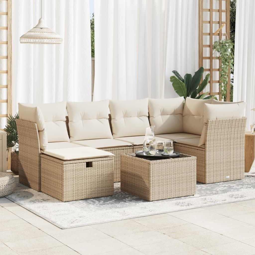 Eleganten-Stil 7-tlg. Garten-Lounge-Set mit Kissen Garten-Sofagarnitur, Outdoor Indoor, Beige Poly Rattan Gartenmöbel-Sets CHY76891582