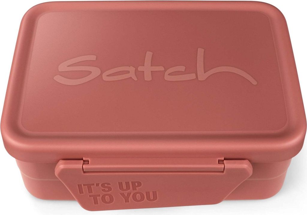 A closed lunchbox with the brand name and a slogan on it.