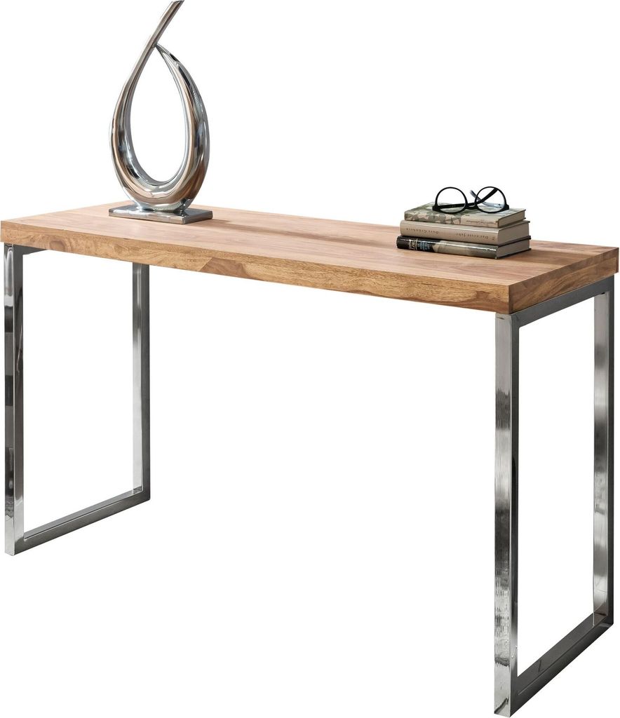 FineBuy Konsolentisch Sheesham Massivholz Konsole mit Metallbeinen Schreibtisch 120 x 45 cm Landhaus-Stil Modern Massiv dunkel-braun Echt-holz Natur
