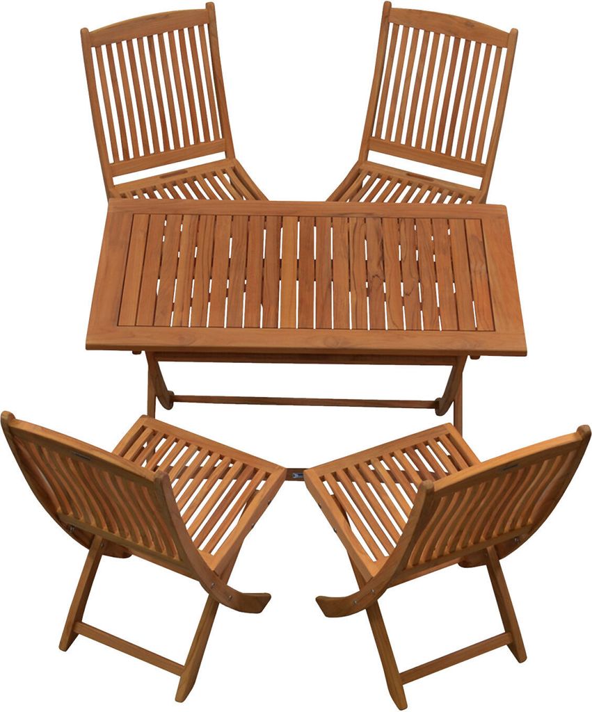 Garten-Essgruppen Teak Sitzgruppe aus 4 Klappstühlen und 1 Klapptisch 120 x 70 cm edles Set aus Teak-Gartenmöbeln mit Klappfunktion