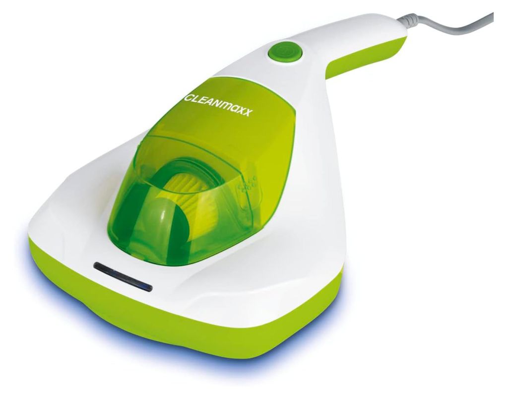 A white and green handheld vacuum cleaner with a transparent dustbin, shown against a white background.