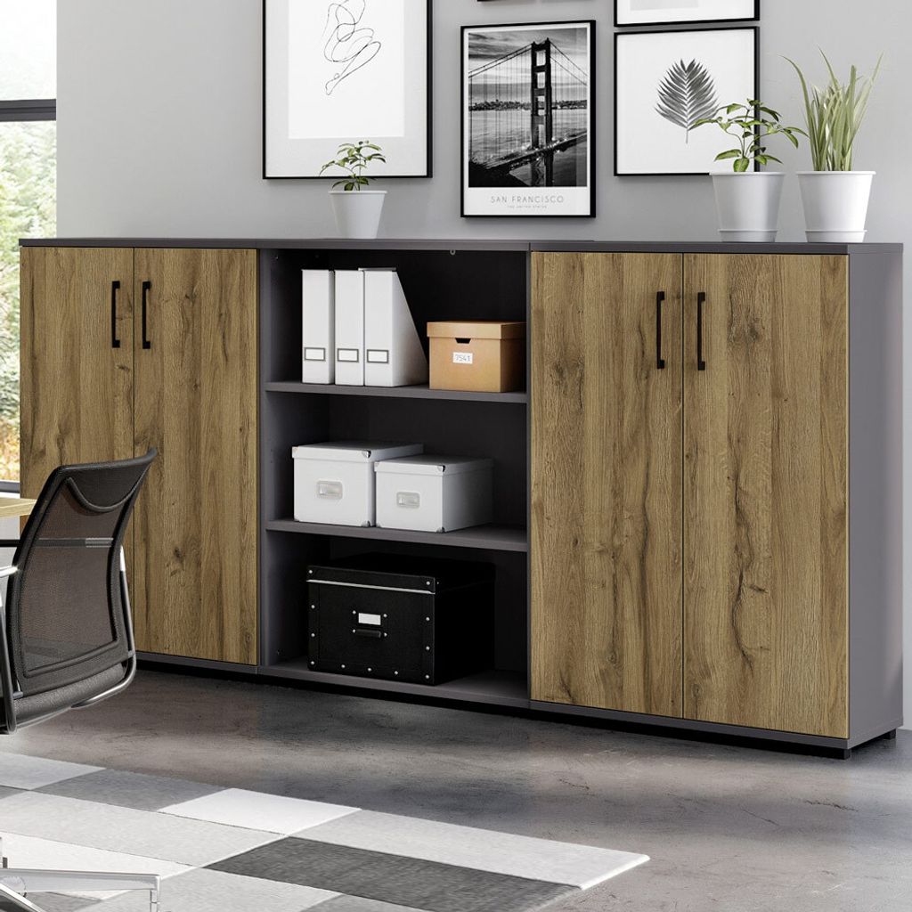 Büro Aktenschrank Kombination PRATO-01 in graphit mit Grandson Eiche Nb., B/H/T: ca. 240/123/40 cm