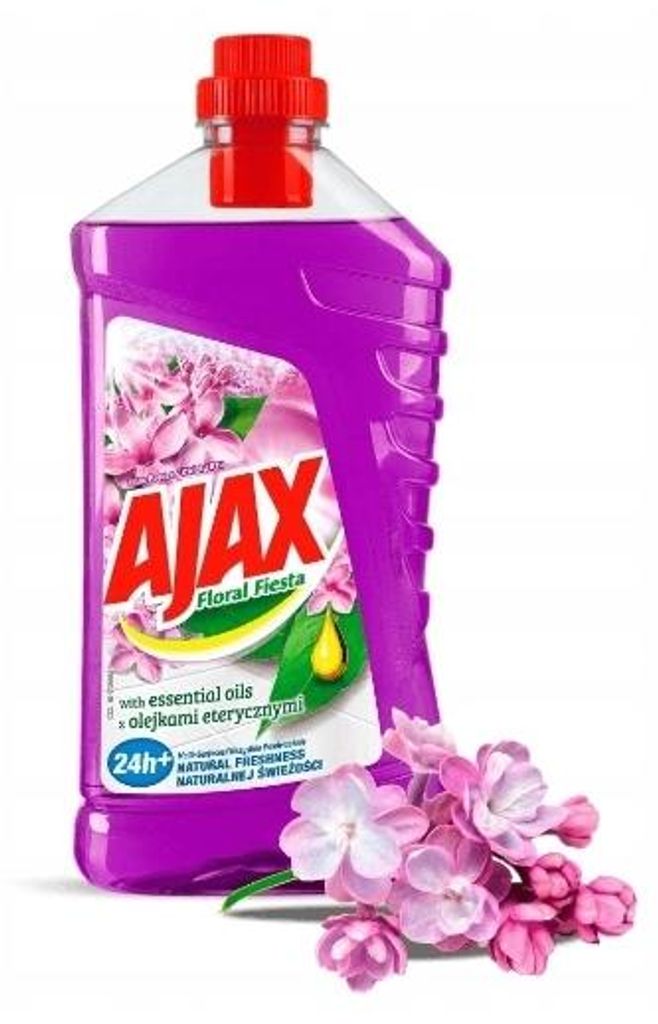 A bottle of AJAX Floral Fiesta universal floor cleaner with flowers.