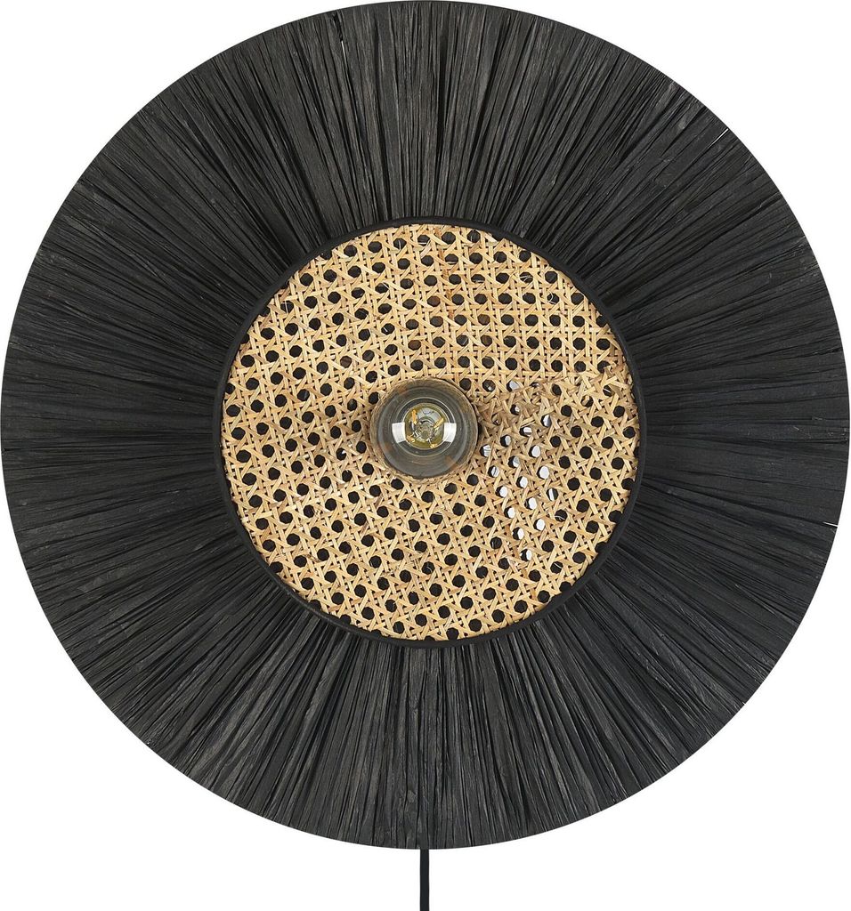 BELIANI Wandleuchte Schwarz Papier und Rattan Rund Wiener-Geflecht Glühbirnen-Optik Kabel mit Schalter Modern Boho Japandi Skandi Beleuchtung Leuchte