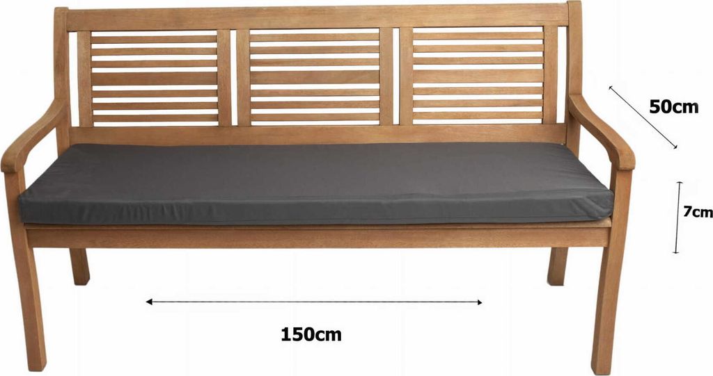 A wooden garden bench with an anthracite cushion, showing dimensions.