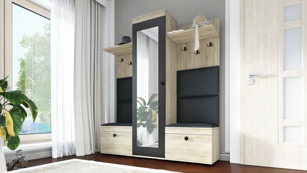 Flurgarderobe DUO-2, Spiegel, Garderobenschrank, 2 Schuhschränke, 6 Kleiderhaken, 2 Hutablagen - Sonoma Eiche