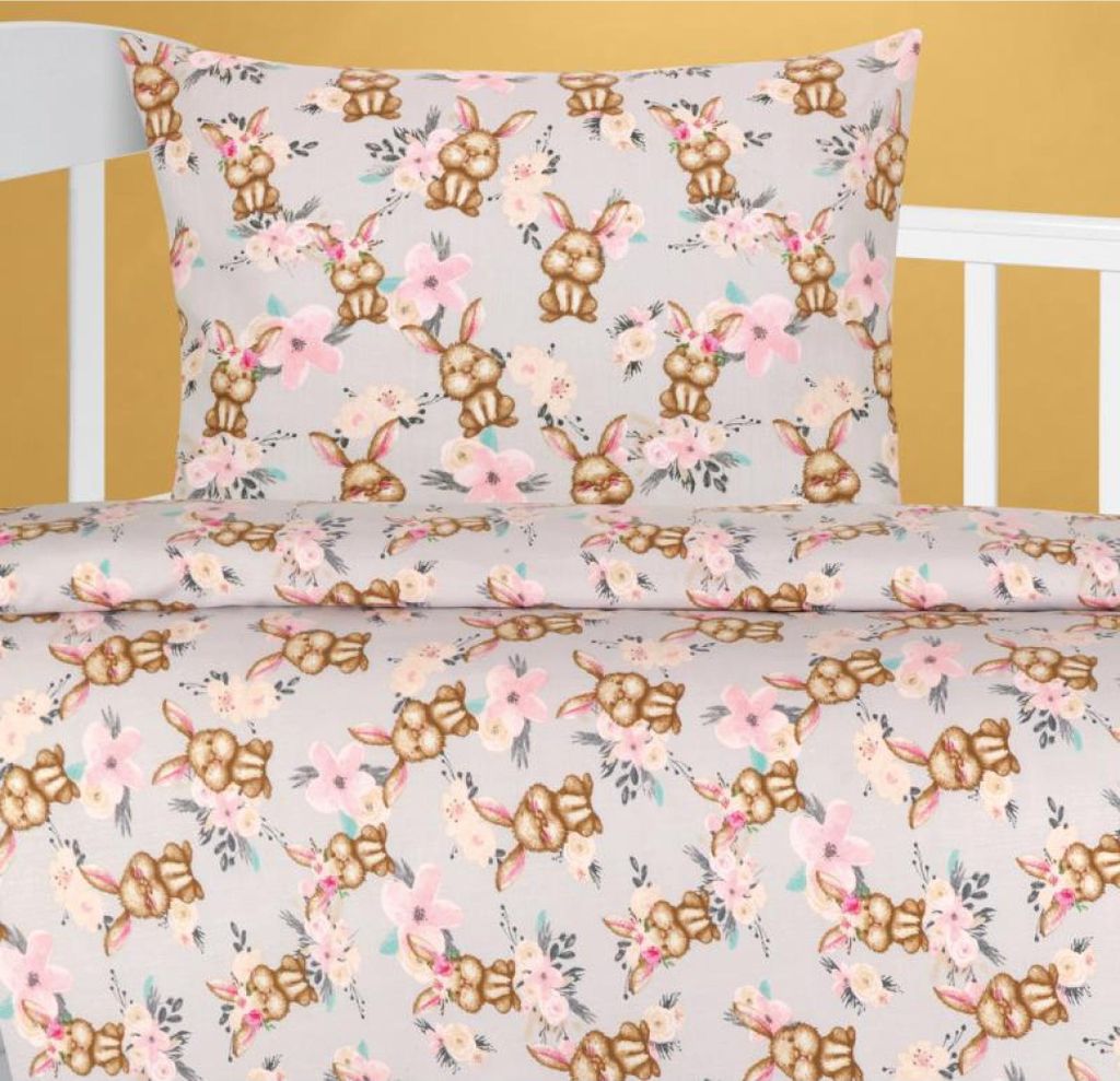 Babybettwäsche aus Baumwolle - Grau, braun, rosa - 100x135, 45x60