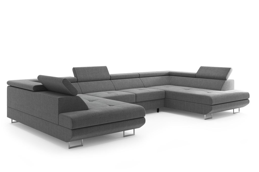 Wohnlandschaft U – Form Ecksofa Miami Webstoff Grau mit Bett Bettkasten Kopfteilverstellung Bett Sofa Schlafsofa Bigsofa