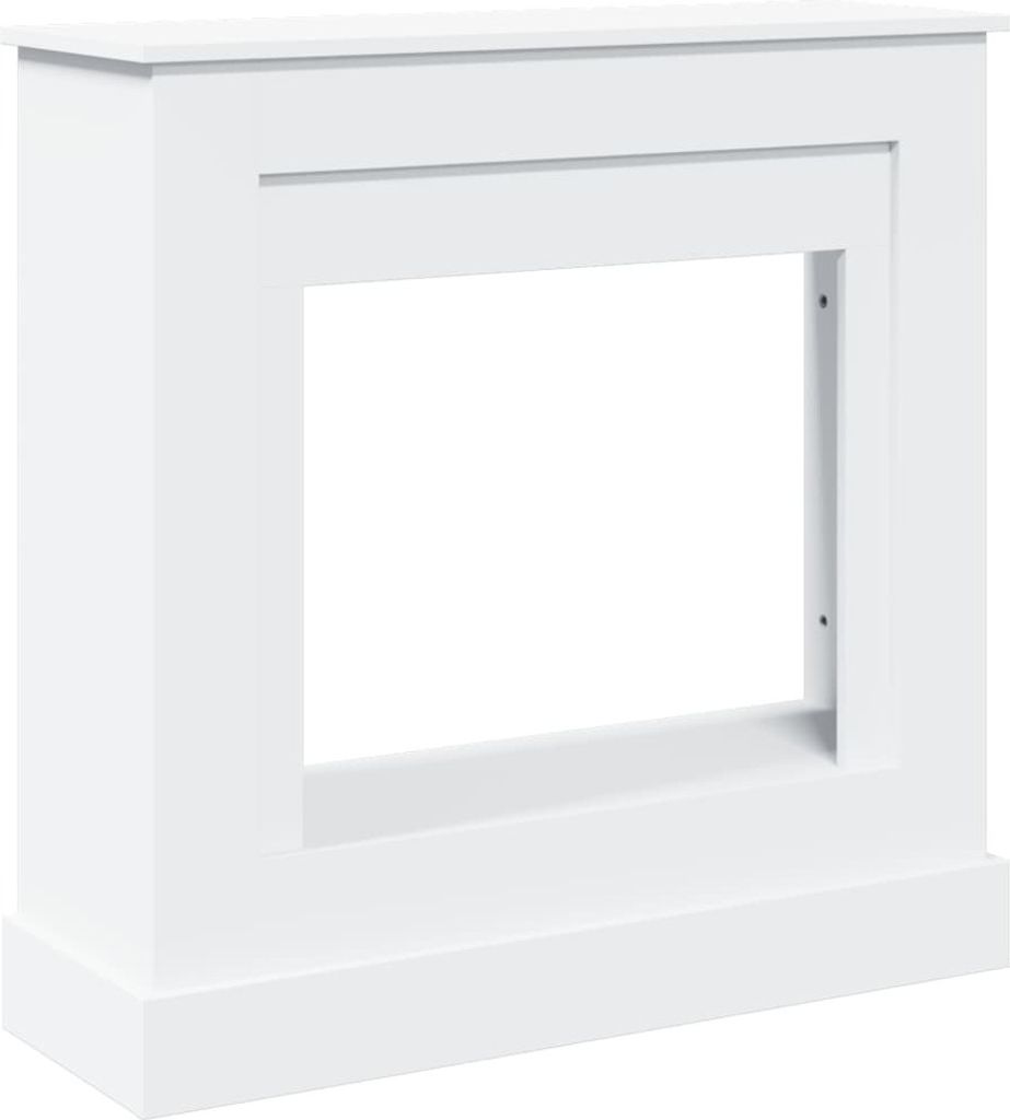 A white fireplace surround with a rectangular opening.